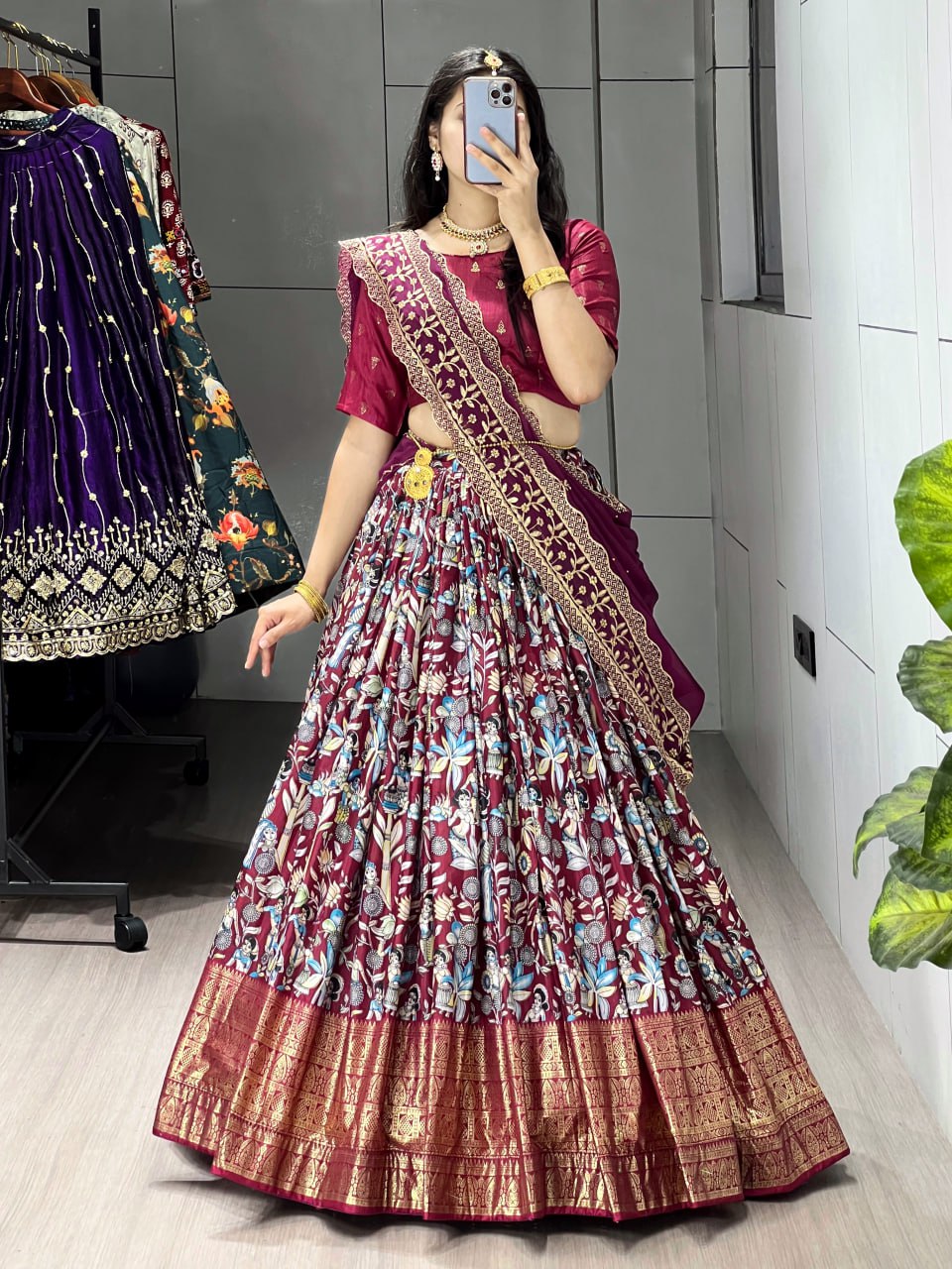 Maroon Color Kalamkari Soft Dola Silk Half Saree Lehenga with Embroidered Dupatta