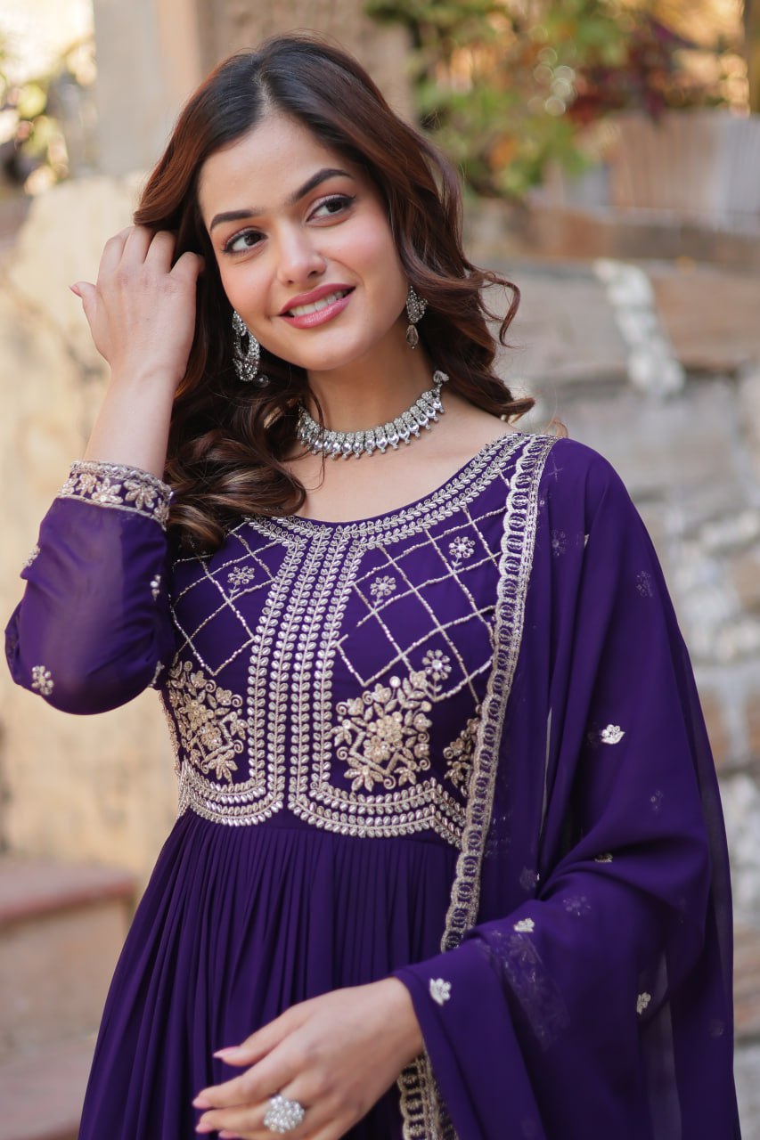 Chamvika Purple Designer Gown with Dupatta – party wear gown for women, long gown for wedding, Indian ethnic gown online, sequin embroidered gown, purple gown for reception, full sleeve gown dress, Indo western gown for girls, traditional Indian wear, stylish gown for engagement, readymade gown for festival, bridal gown with dupatta.