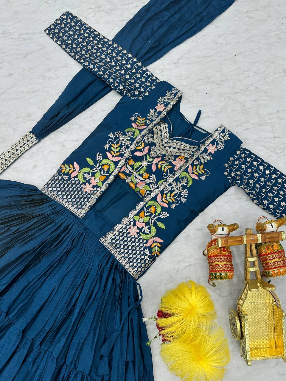 Blue chinon embroidered Maanvi designer lehenga choli koti outfit