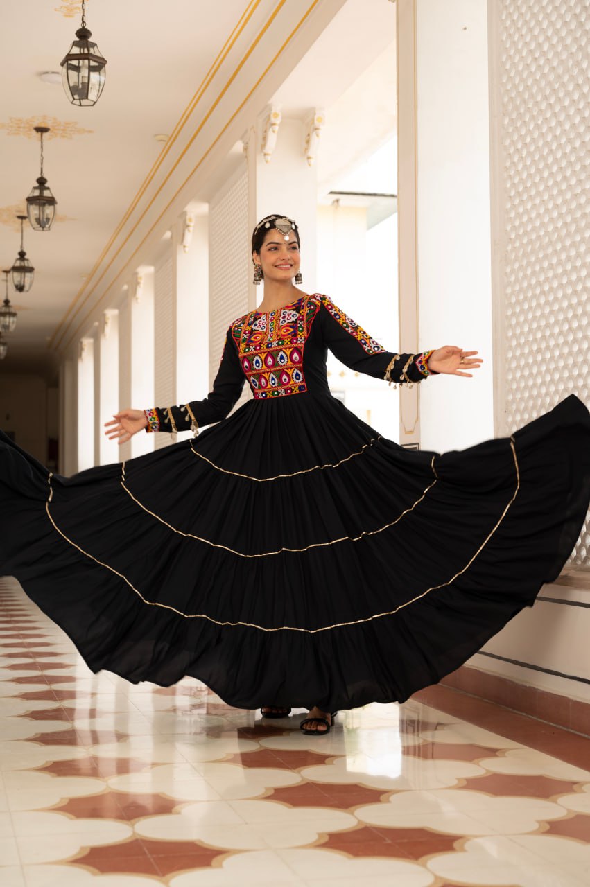 Black Kora Cotton Kutchi Gamthi Mirror Work and Kodi Lace Gown