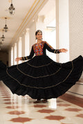 Black Kora Cotton Kutchi Gamthi Mirror Work and Kodi Lace Gown