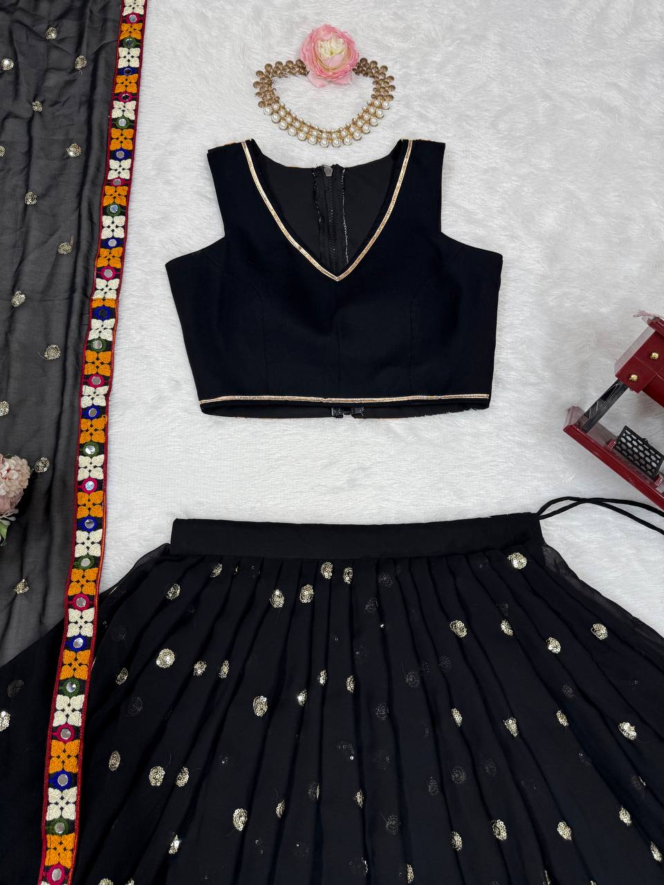 Black Georgette with Gamthi Thread Mirror Work Lehenga Choli with Dupatta