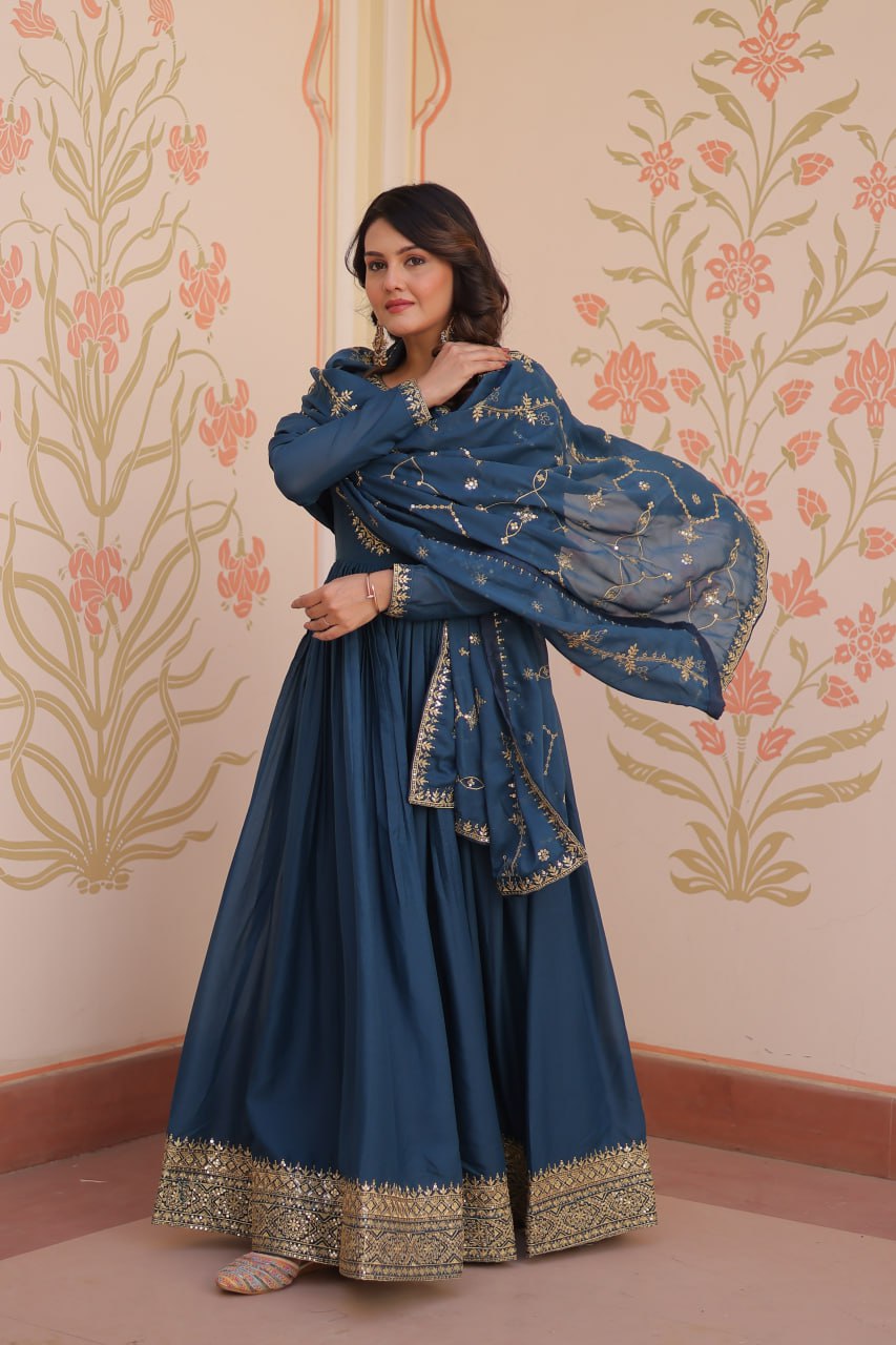 Rama Blue Star Georgette Zari Sequins Embroidered Gown with Dupatta