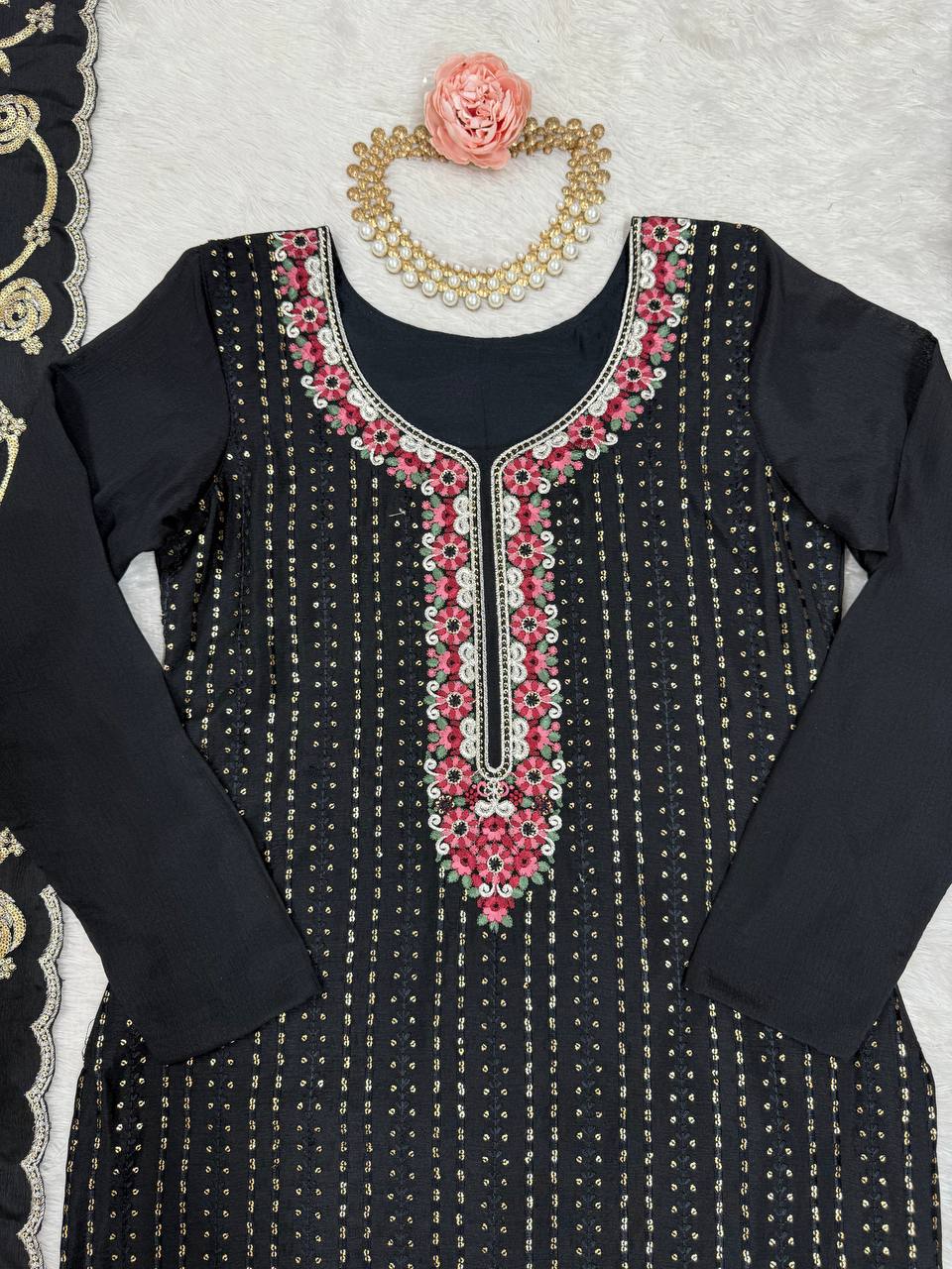 Shop this embroidered kurti with pants and dupatta – a stunning chinon silk ethnic wear, fully stitched kurti set online for festive wear for women.