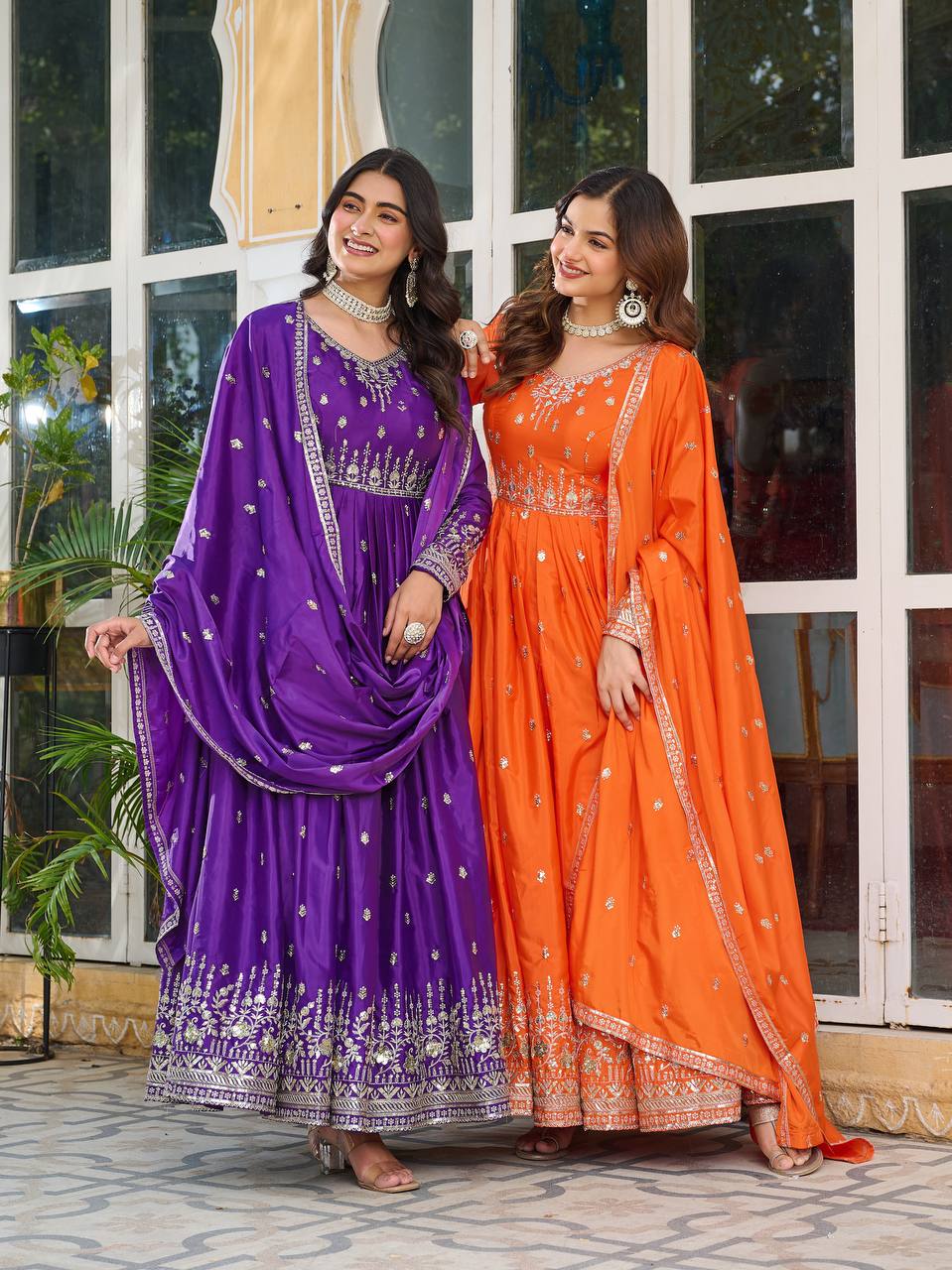 Meghnita Anarkali suit in American Silk with thread & sequin embroidery, padded gown, stitched pant & dupatta—perfect for weddings & festive wear.