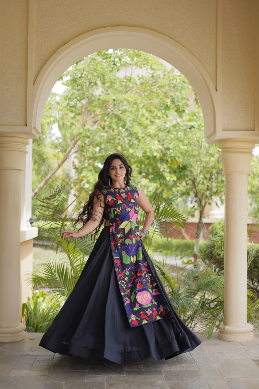 Ekta Black Cora Cotton Gamthi Embroidered Lehenga Choli