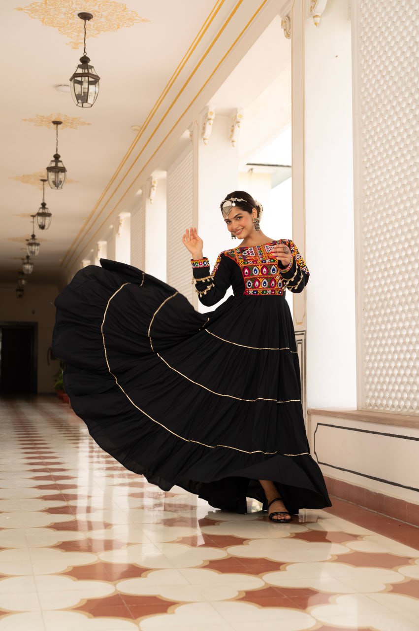 Black Kora Cotton Kutchi Gamthi Mirror Work and Kodi Lace Gown