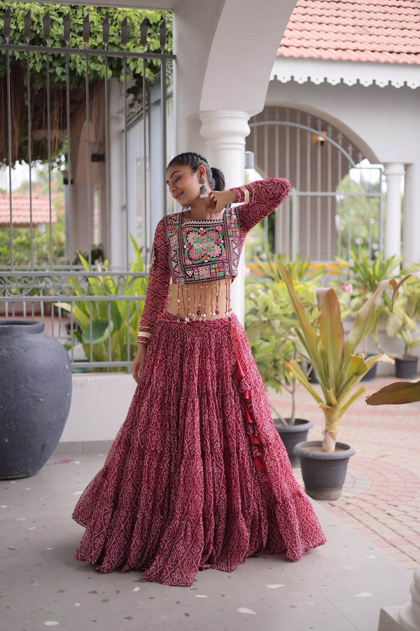 Anjali Brown Faux Georgette Bandhani Kutchi Patchework Lehenga