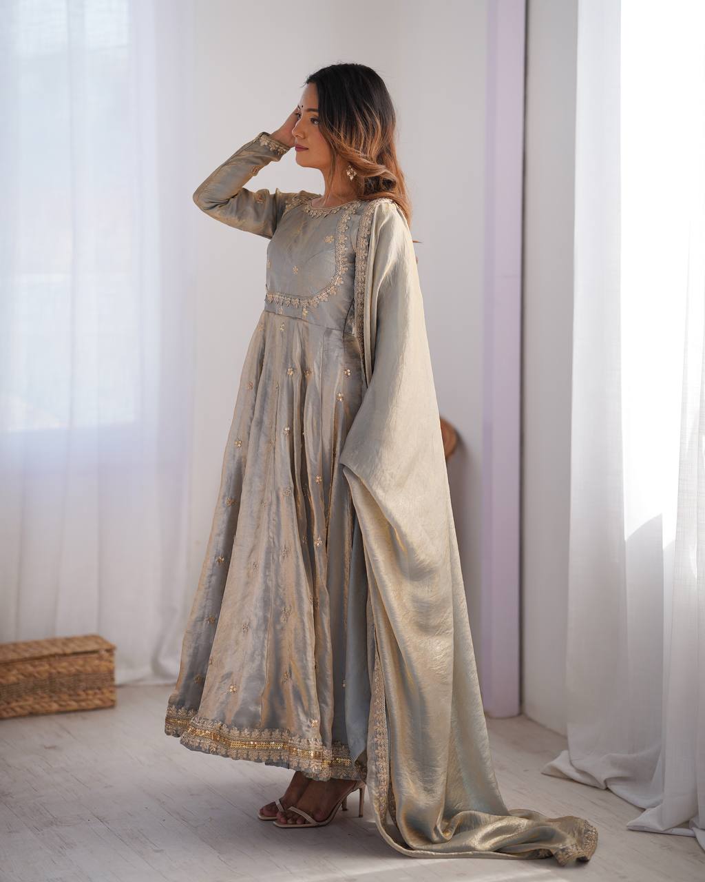 Neelika Grey Anarkali Suit Set – grey designer Anarkali suit for women, embroidered gown with dupatta, plus size ethnic wear, Fandy silk partywear Anarkali, traditional Indian gown set, ready to wear festive outfit, sequin and coding embroidery suit, fully stitched Anarkali gown, wedding guest ethnic dress, elegant Indian party gown for Mehendi and Sangeet.