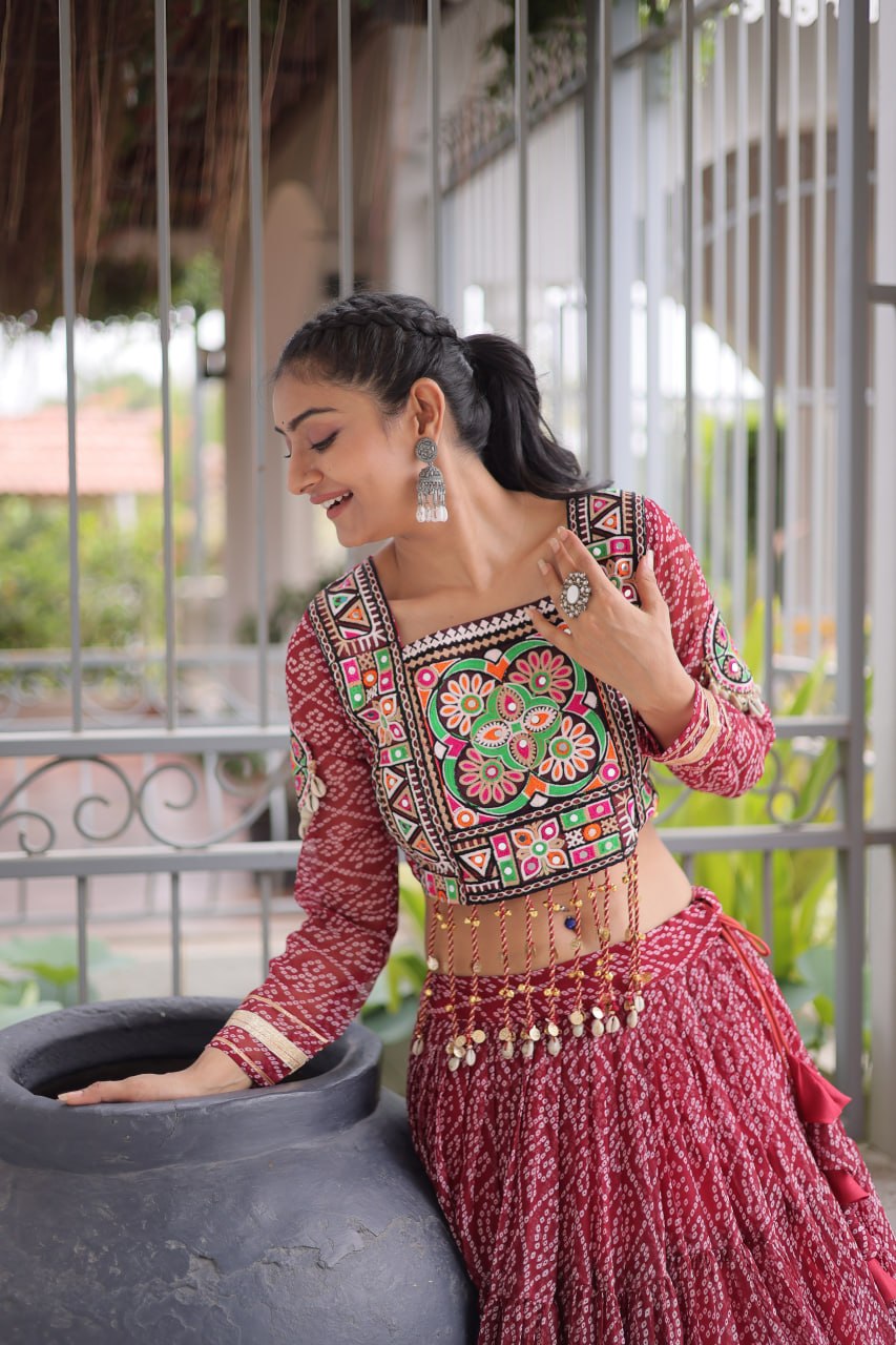 Anjali Brown Faux Georgette Bandhani Kutchi Patchework Lehenga