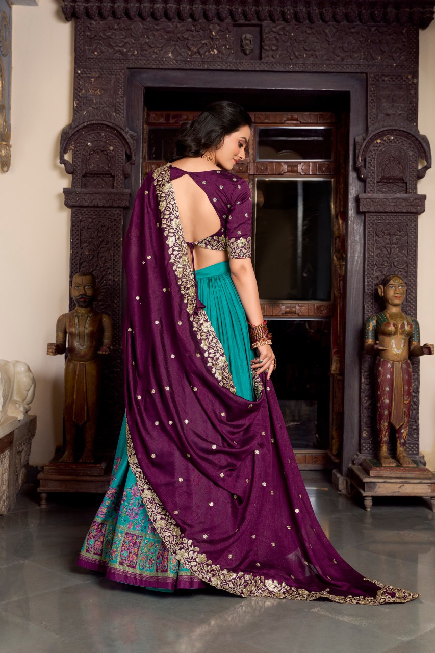 Purple tussar silk foil print lehenga choli with embroidered dupatta