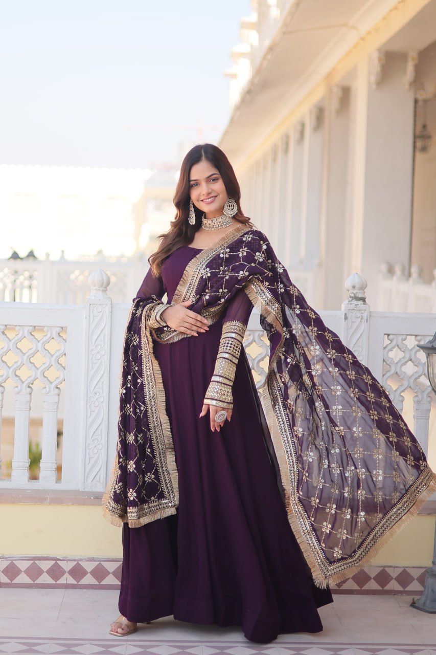 Lavish Purple Sequins Embroidered Anarkali Flared Kurti Set