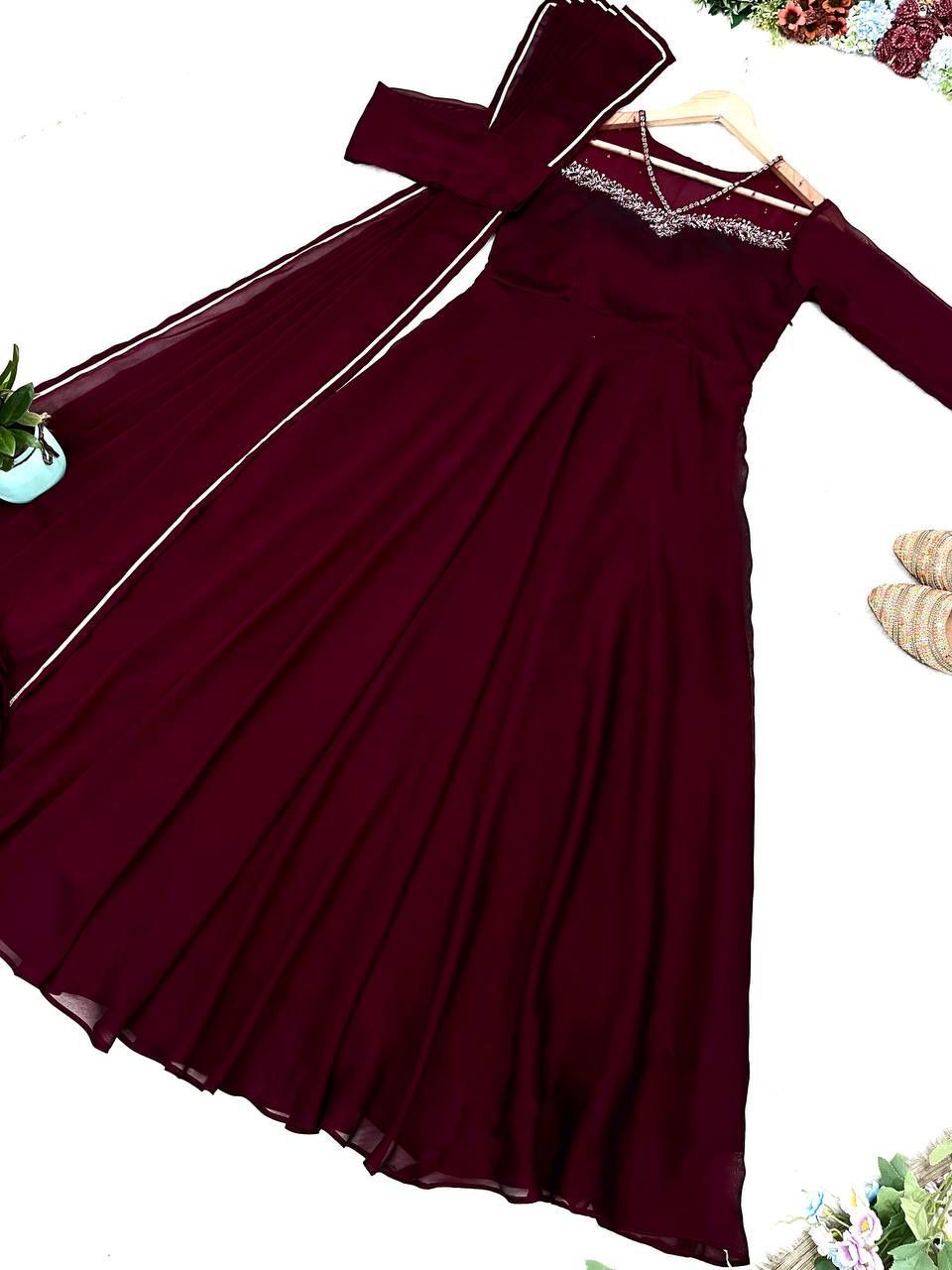 Manha Wine Georgette Embroidered Anarkali Gown Set