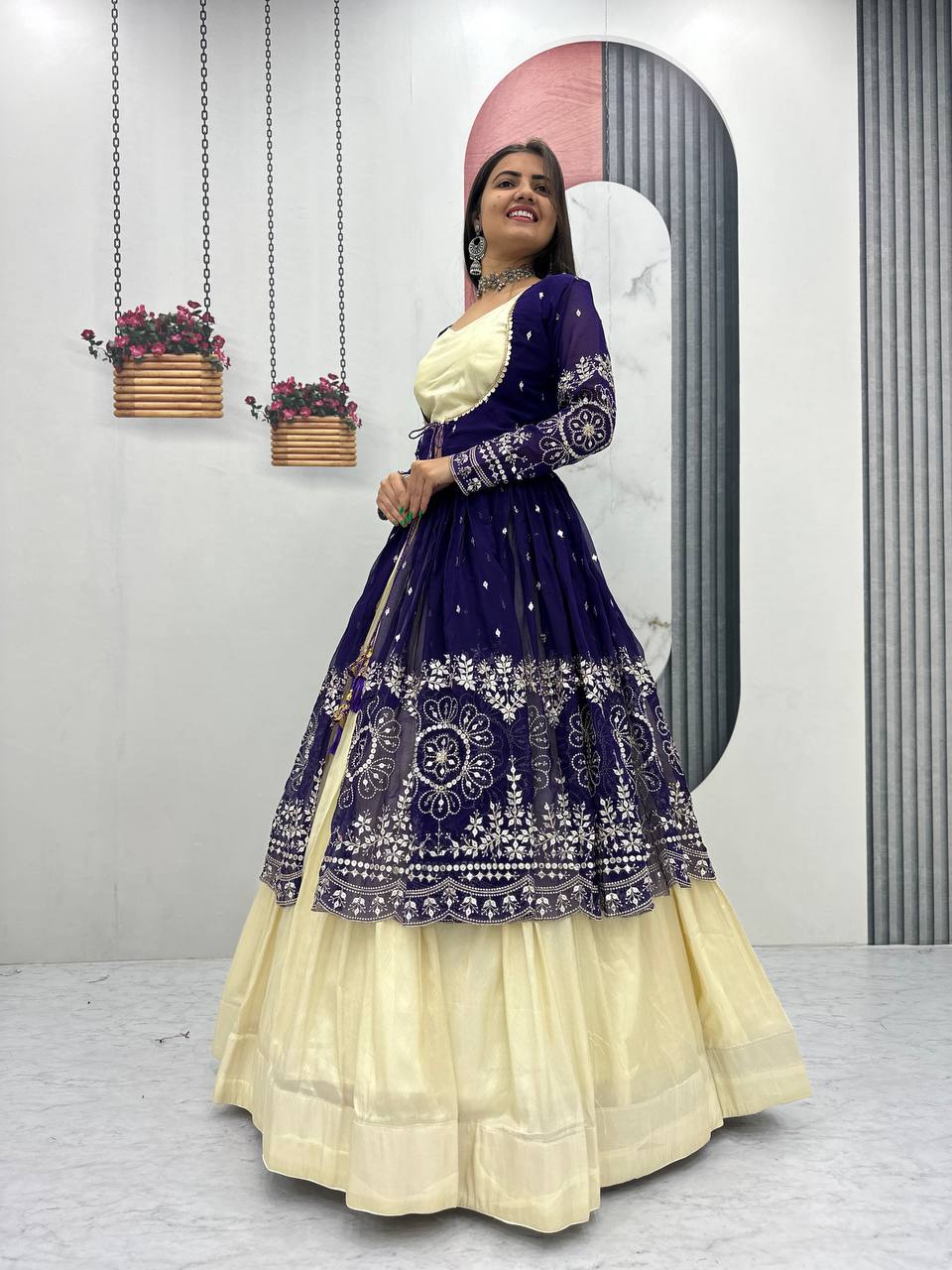 Tulika Navy Blue Color Cosmos Silk Heavy Thread and Sequence Work Lehenga Choli with Shrug