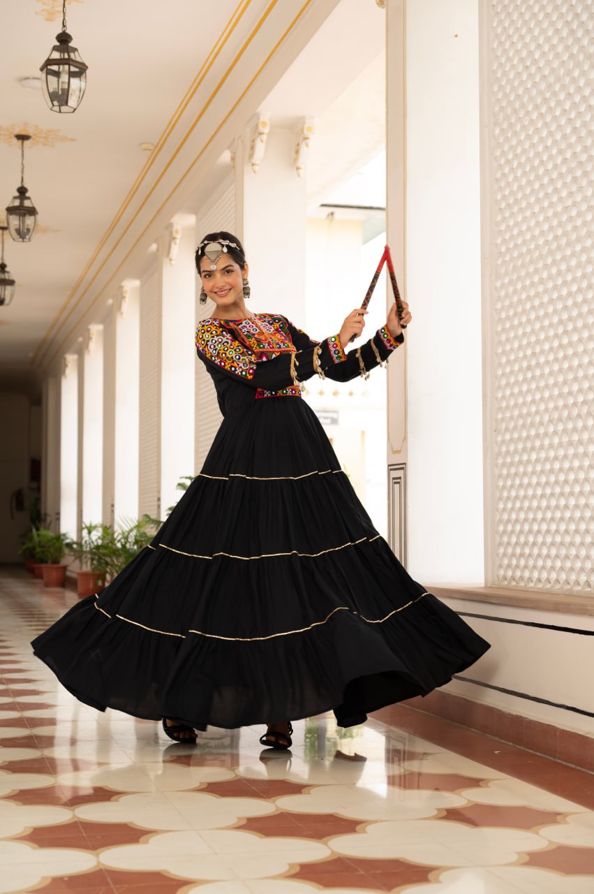 Black Kora Cotton Kutchi Gamthi Mirror Work and Kodi Lace Gown