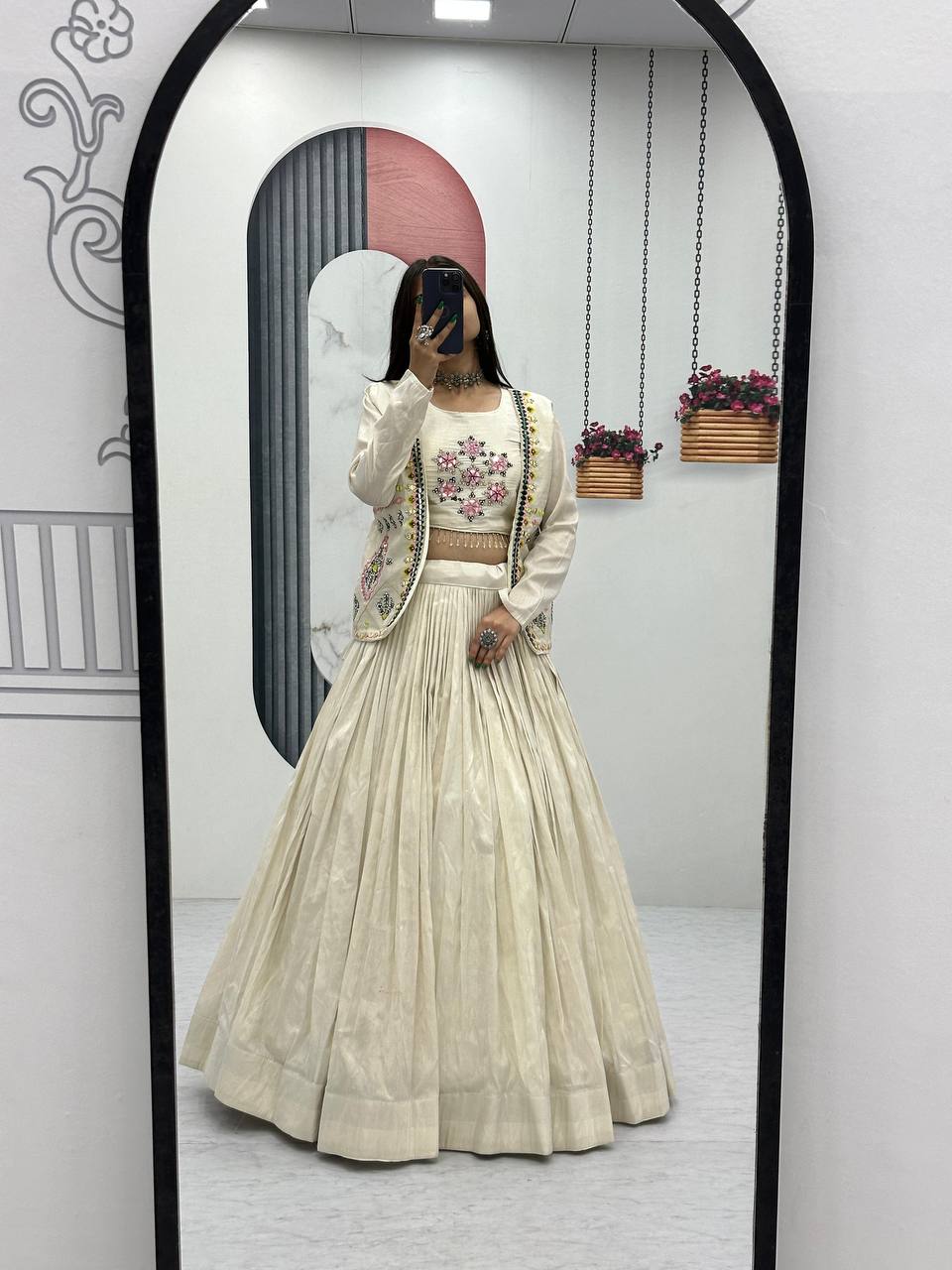 Off-White Tissue Shimmer Handwork Real Diamond Work Lehenga Choli with Jacket
