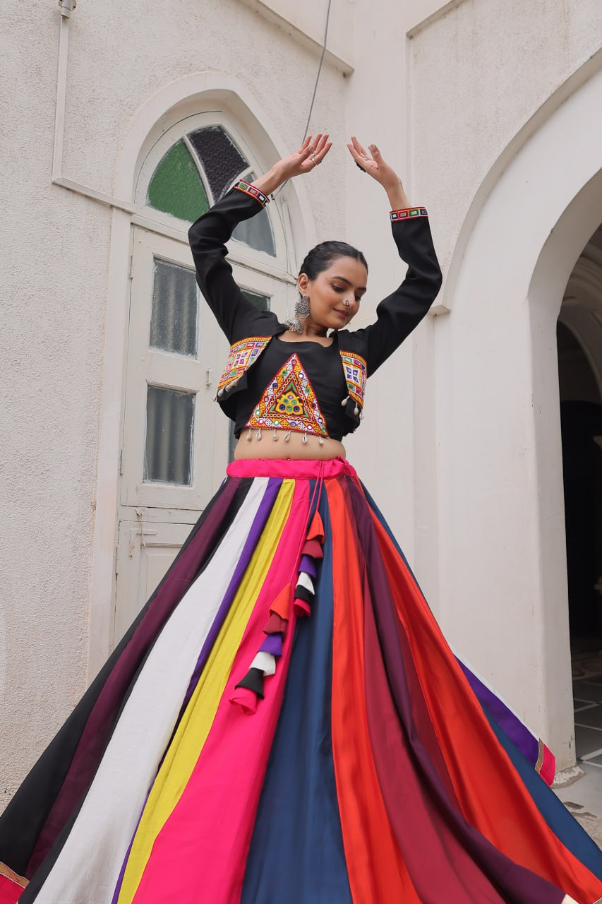 Multicolor Pure Rayon Navratri Lehenga Choli with Koti Style Blouse