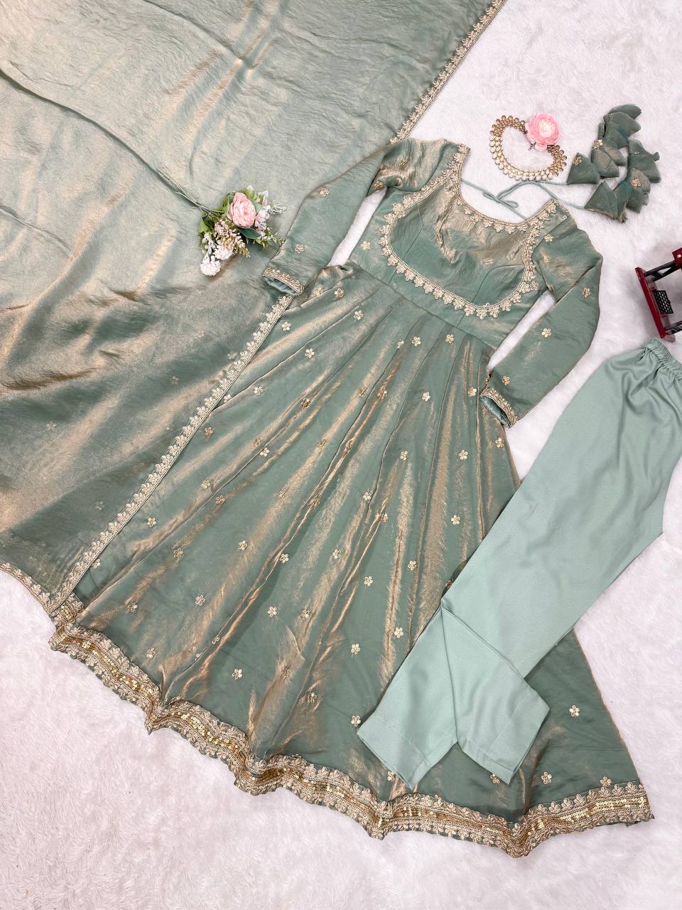 Neelika Sage Green Anarkali Suit Set – designer anarkali suit for women, green ethnic suit set, sequin embroidered gown dress, plus size Indian wear, traditional Indian outfits, wedding guest suit set, long anarkali gown with dupatta, stitched anarkali for party wear, green gown for haldi mehendi, readymade Indian suits for women.