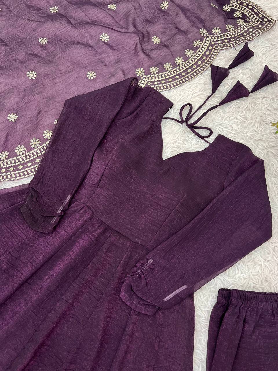 Tiya purple Fandy Silk Anarkali suit with 4.5-meter flair, full sleeves & embroidered dupatta – stitched & ready for weddings, parties & festive wear.