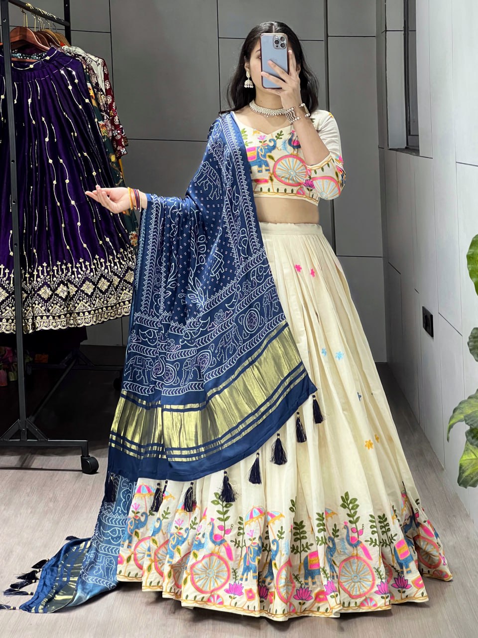 Off-White Cotton Embroidered Lehenga with Navy Blue Color Gaji Silk Dupatta