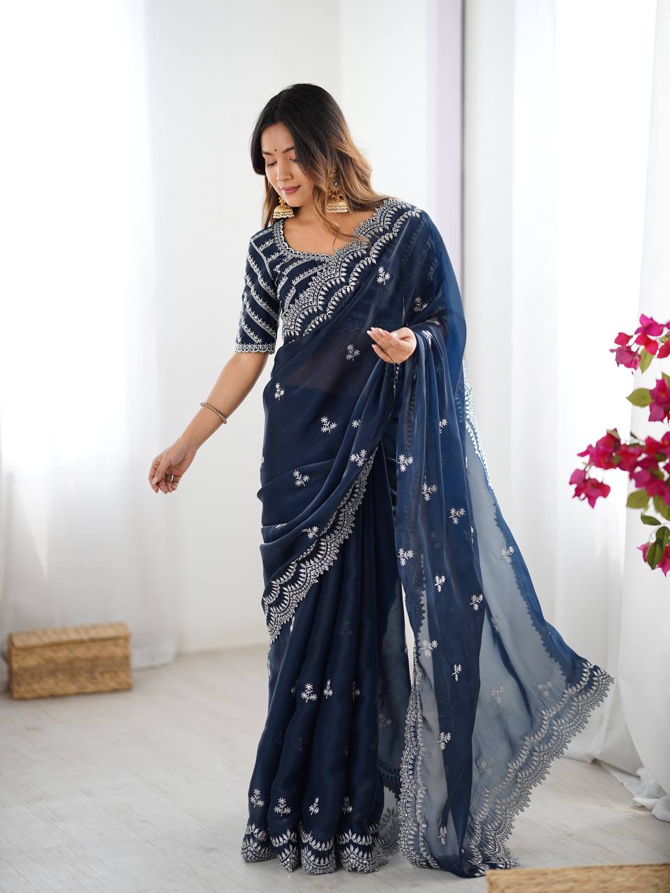 Navy blue Jimmy Choo fabric saree with thread & sequin embroidery, matching blouse—perfect for weddings, parties & festive occasions.