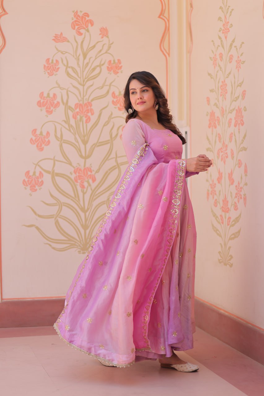 Pink Organza Flair Sequins Zari Embroidery Gown with Dupatta