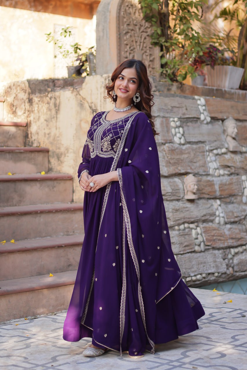 Chamvika Purple Designer Gown with Dupatta – party wear gown for women, long gown for wedding, Indian ethnic gown online, sequin embroidered gown, purple gown for reception, full sleeve gown dress, Indo western gown for girls, traditional Indian wear, stylish gown for engagement, readymade gown for festival, bridal gown with dupatta.