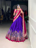 Purple Tussar silk lehenga with foil print and embroidered dupatta