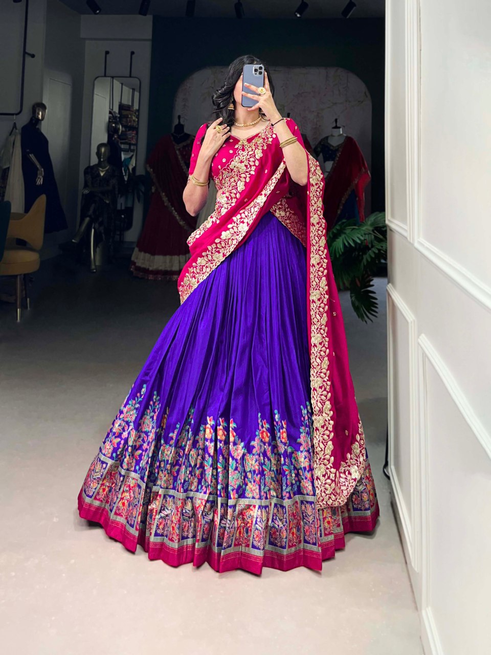 Purple Tussar silk lehenga with foil print and embroidered dupatta