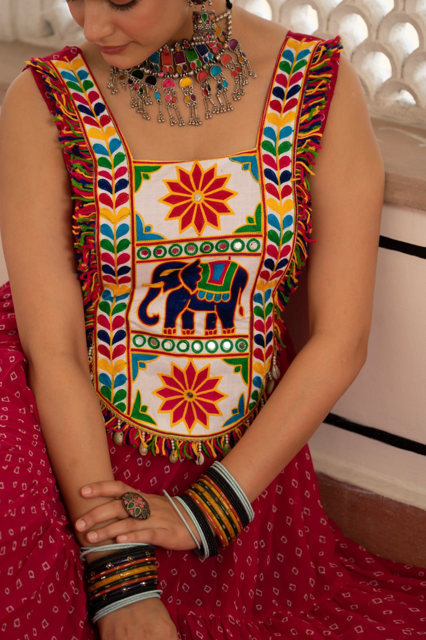 Pink Faux Georgette Bandhani Print Kutchi Patch Mirror Work Gown