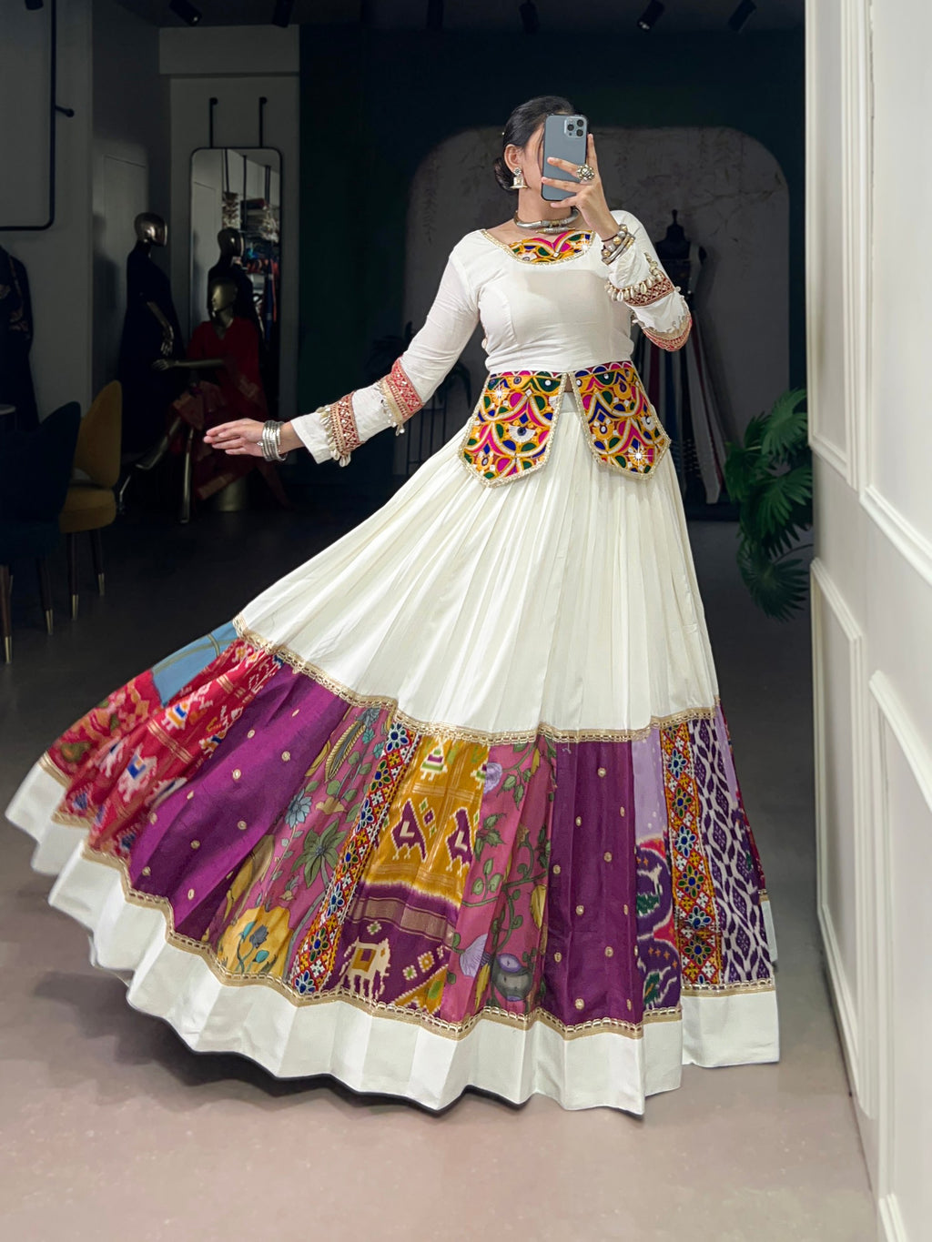White multicolor pure rayon mirror Gamthi work patch design lehenga choli