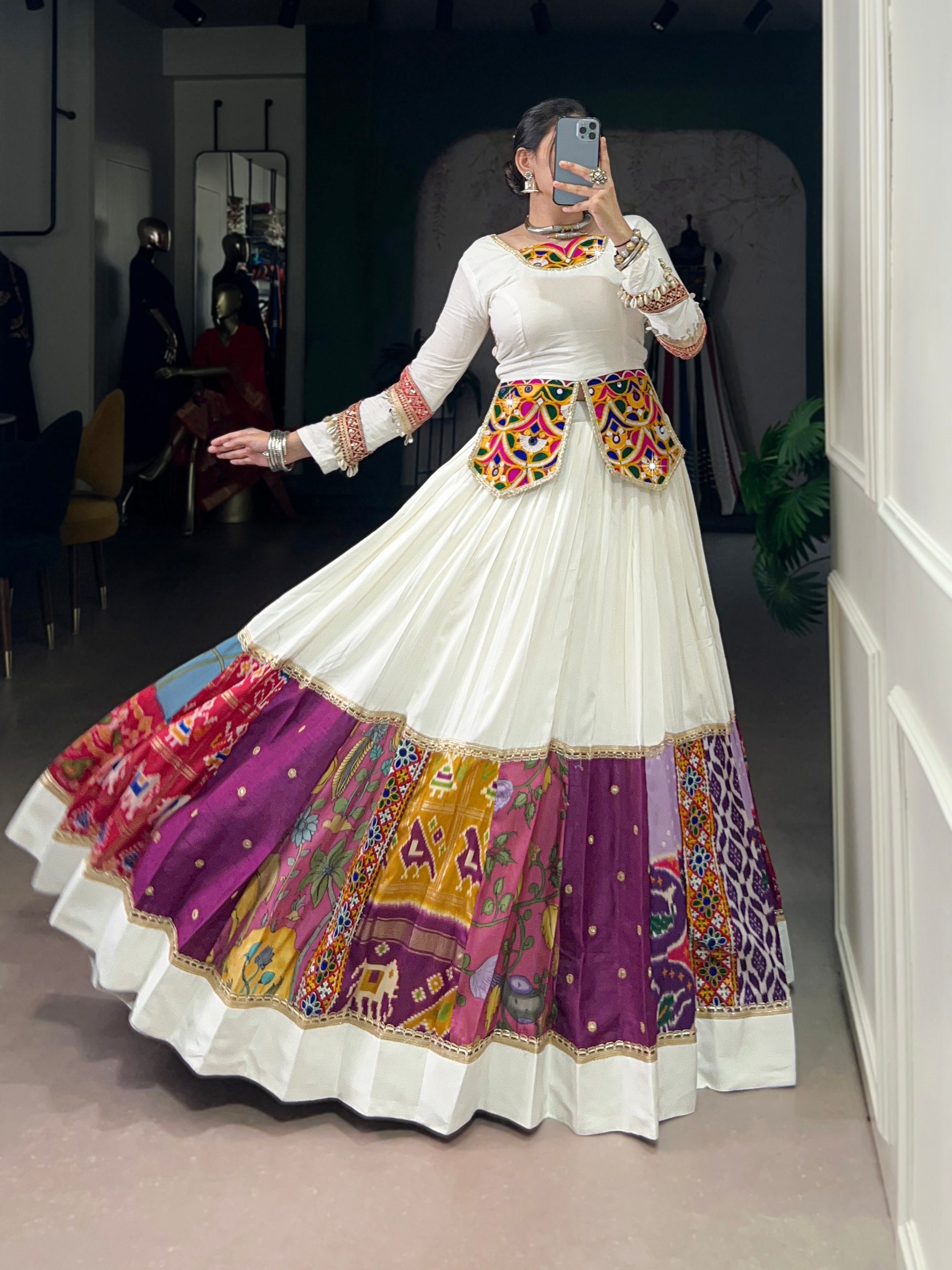 White multicolor pure rayon mirror Gamthi work patch design lehenga choli