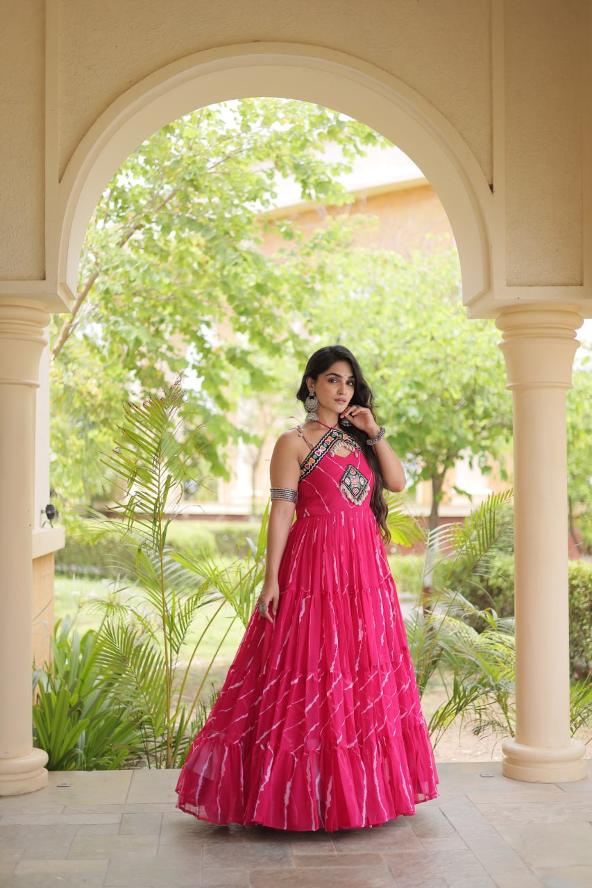 Bhavna Pink Faux Georgette Laheriya Kutchi Patchework Gown