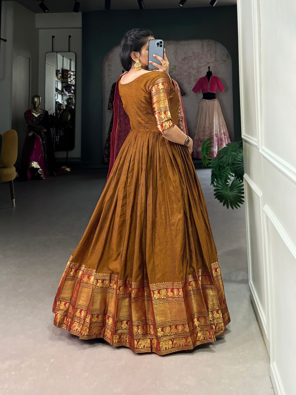 Rust brown cotton Anarkali gown with dupatta, Zari woven ethnic dress, stitched festive gown for women, lightweight party wear, Trinaari premium wear.