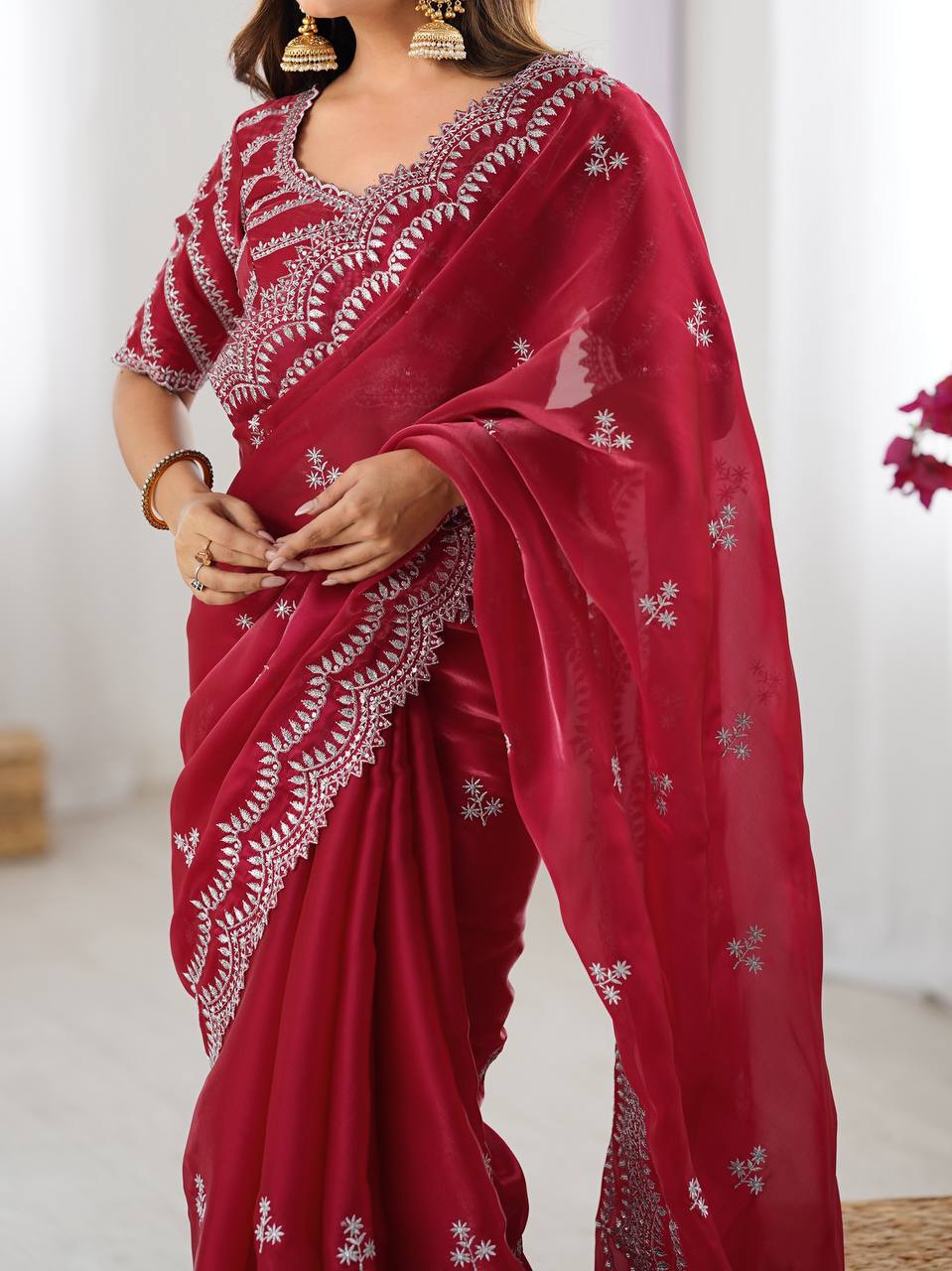 Vikatya red Jimmy Choo fabric saree with thread & sequin embroidery, unstitched blouse—perfect for weddings, parties & festive wear.