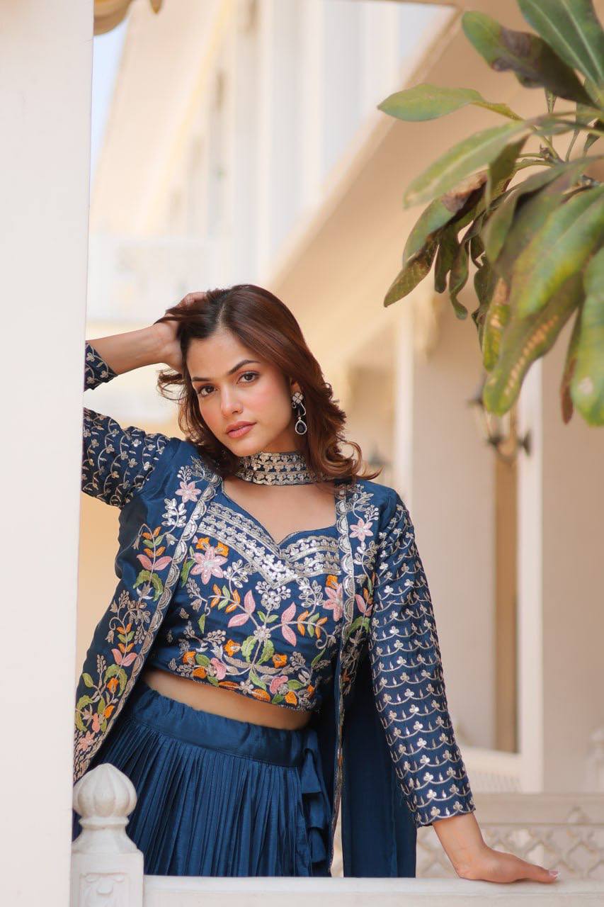Blue chinon embroidered Maanvi designer lehenga choli koti outfit