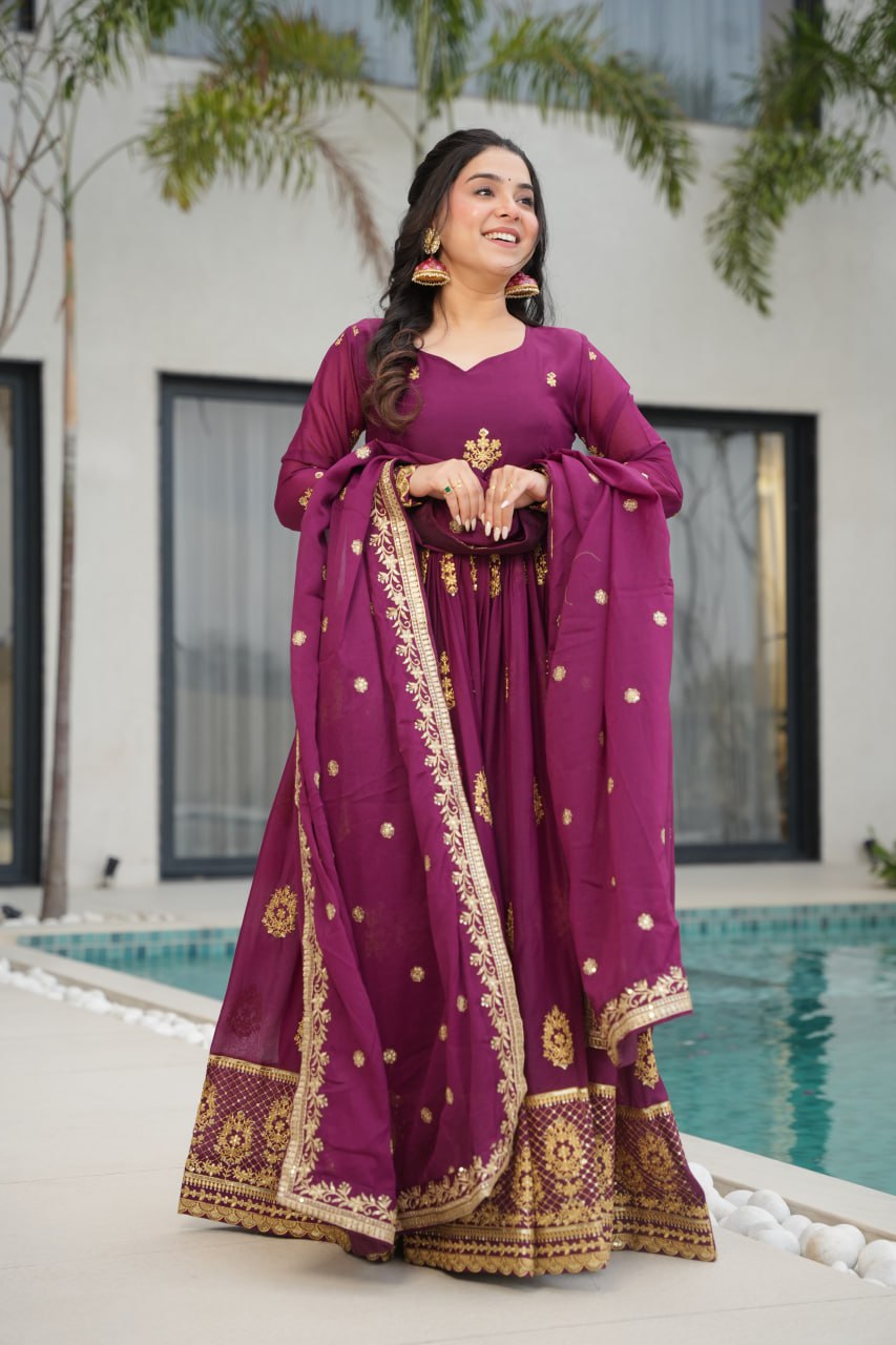 Rudrika Purple Embroidered Gown in soft Star Georgette with intricate zari and sequin work, full-length 56-inch flare gown with matching embroidered dupatta, elegant pan neck design, perfect for weddings and festive occasions