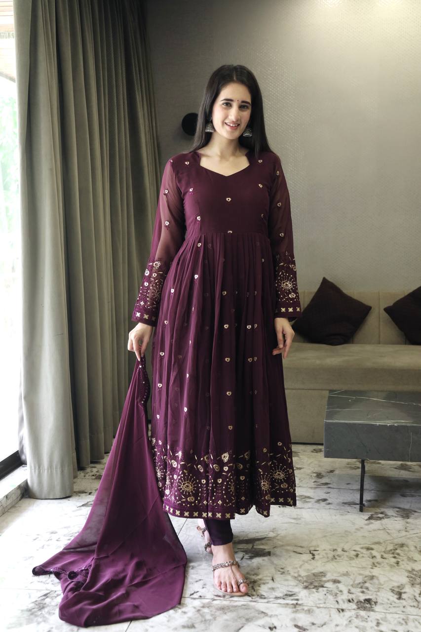 Yashika Brown Georgette Embroidery Anarkali Suit Set