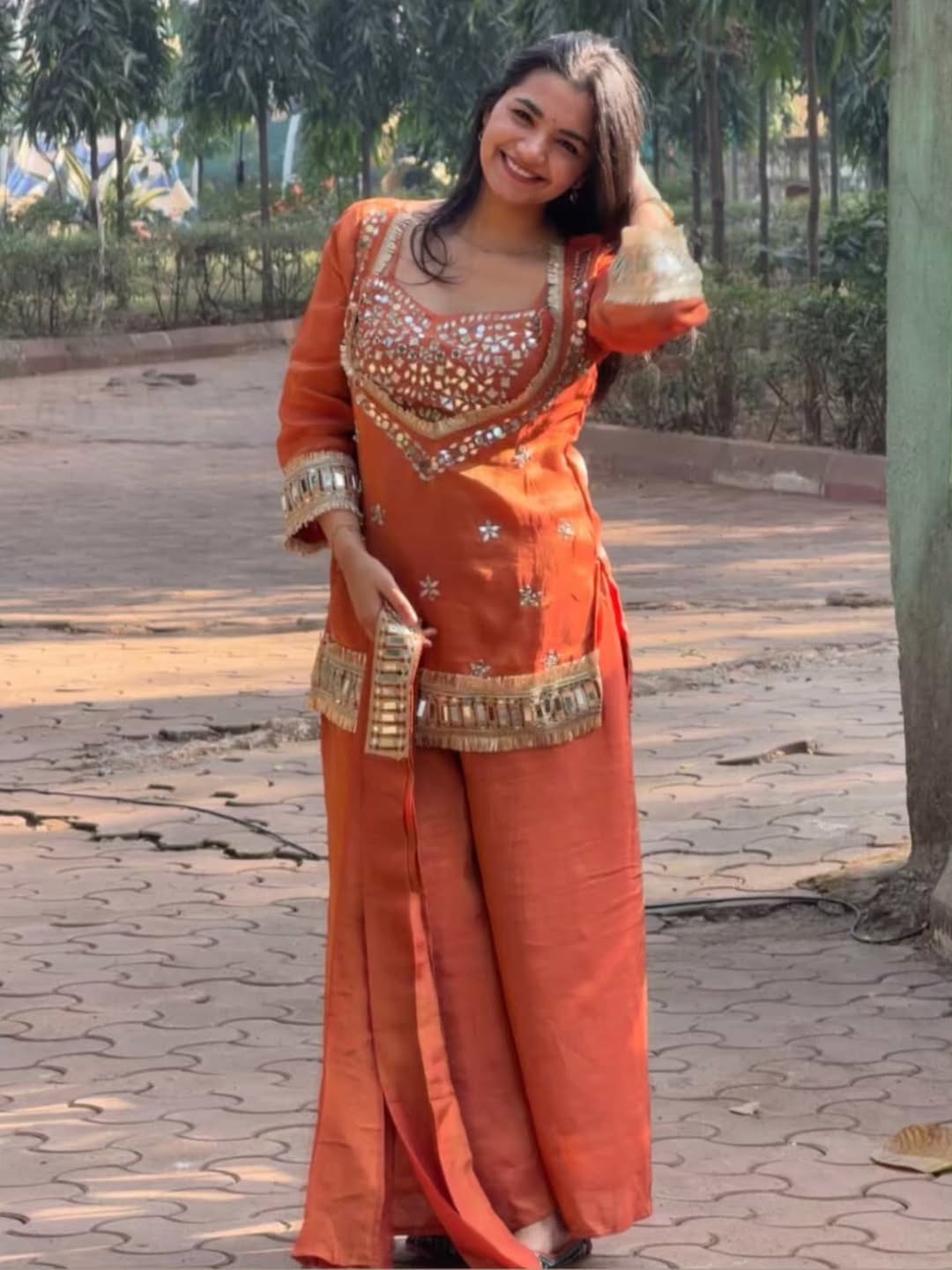 Suhani Orange Fendy Silk Real Mirror Work with Lace Border Kurti Sharara Set