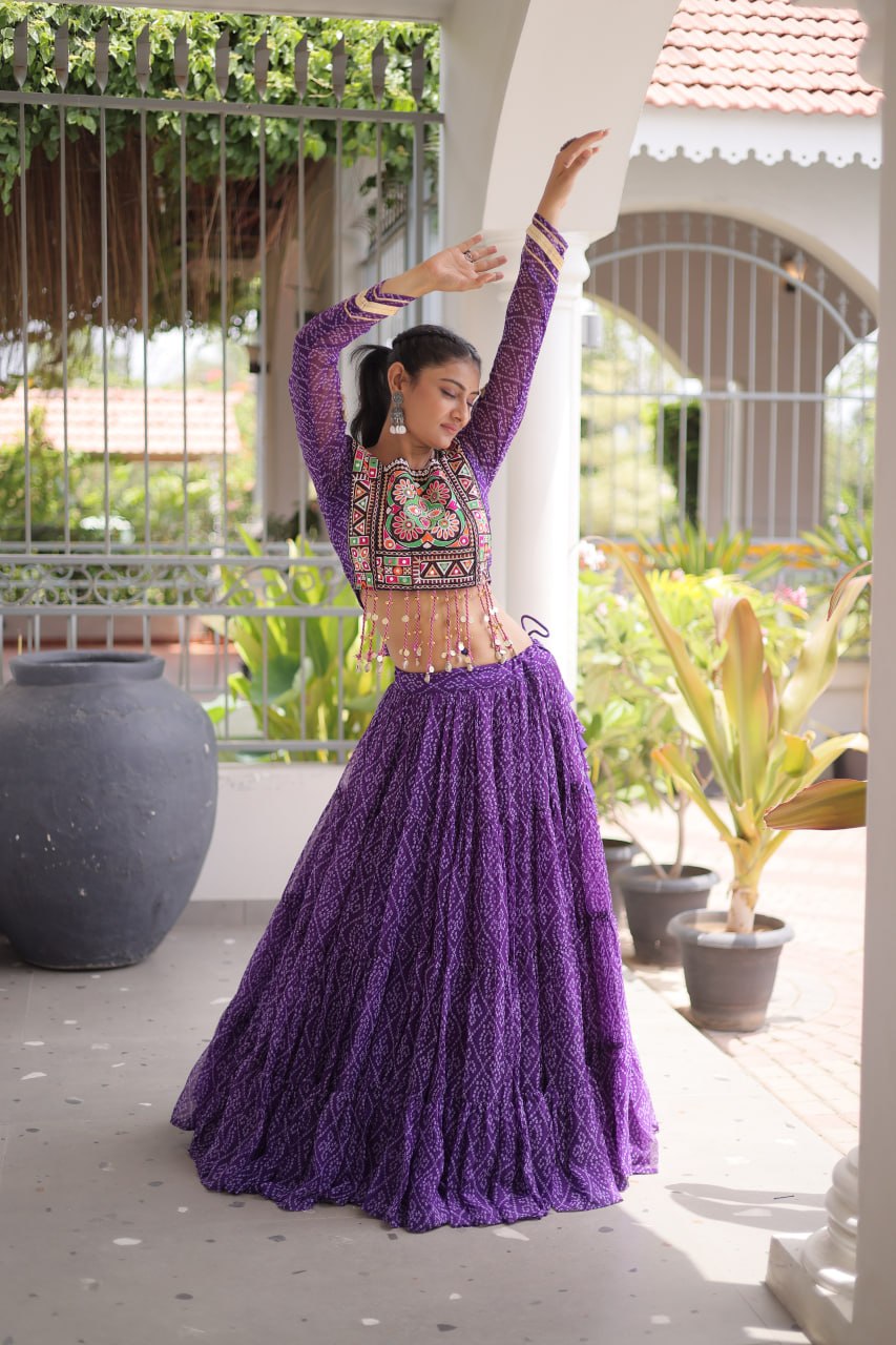 Anjali Purple Faux Georgette Bandhani Kutchi Patchework Lehenga