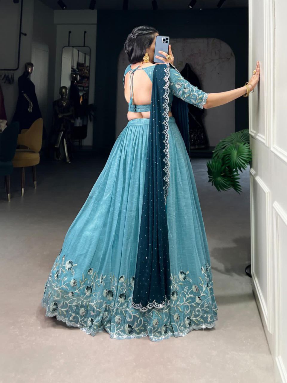 Sky Blue Silver Glossy Embroidered with Hotfix Work Lehenga Choli