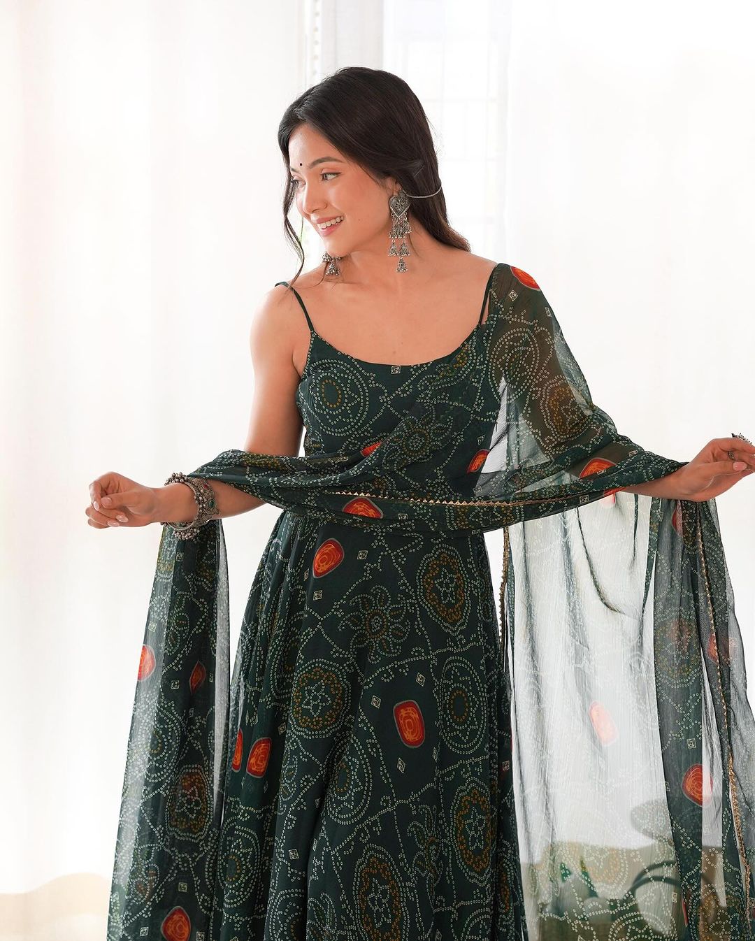Manmayi green bandhani printed anarkali gown set