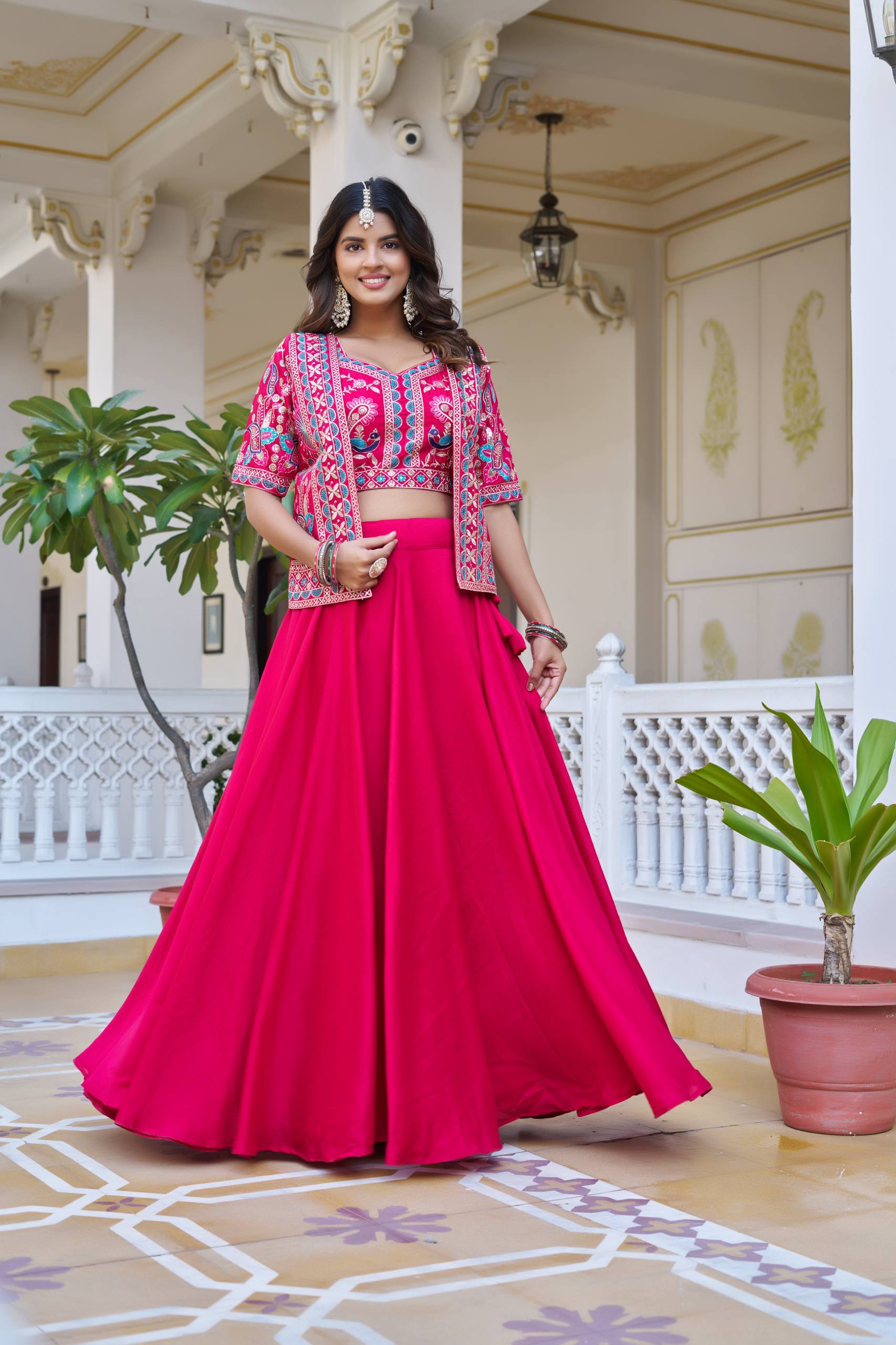 Devisha Pink Color Vichitra Silk Lehenga Choli with Embroidery Koti