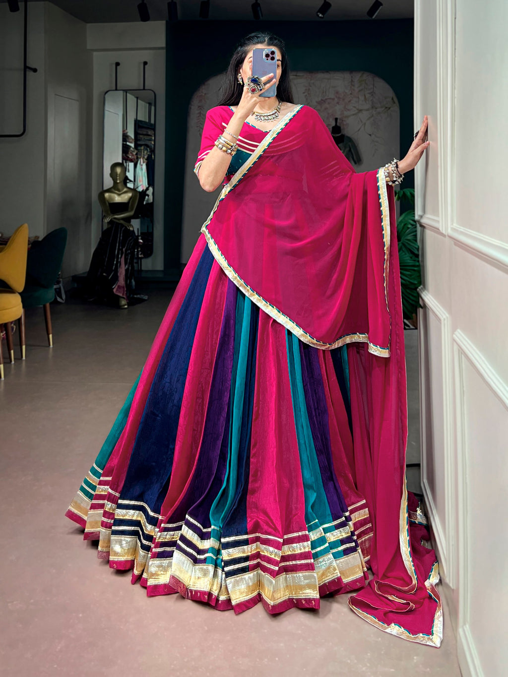 Naina Multicolor Chinon Embossed Lace Lehenga Choli