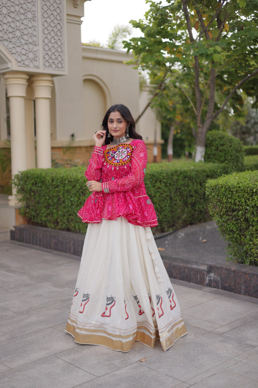 Harshita Pink Kora Cotton Gota-Lace Bandhani Lehenga