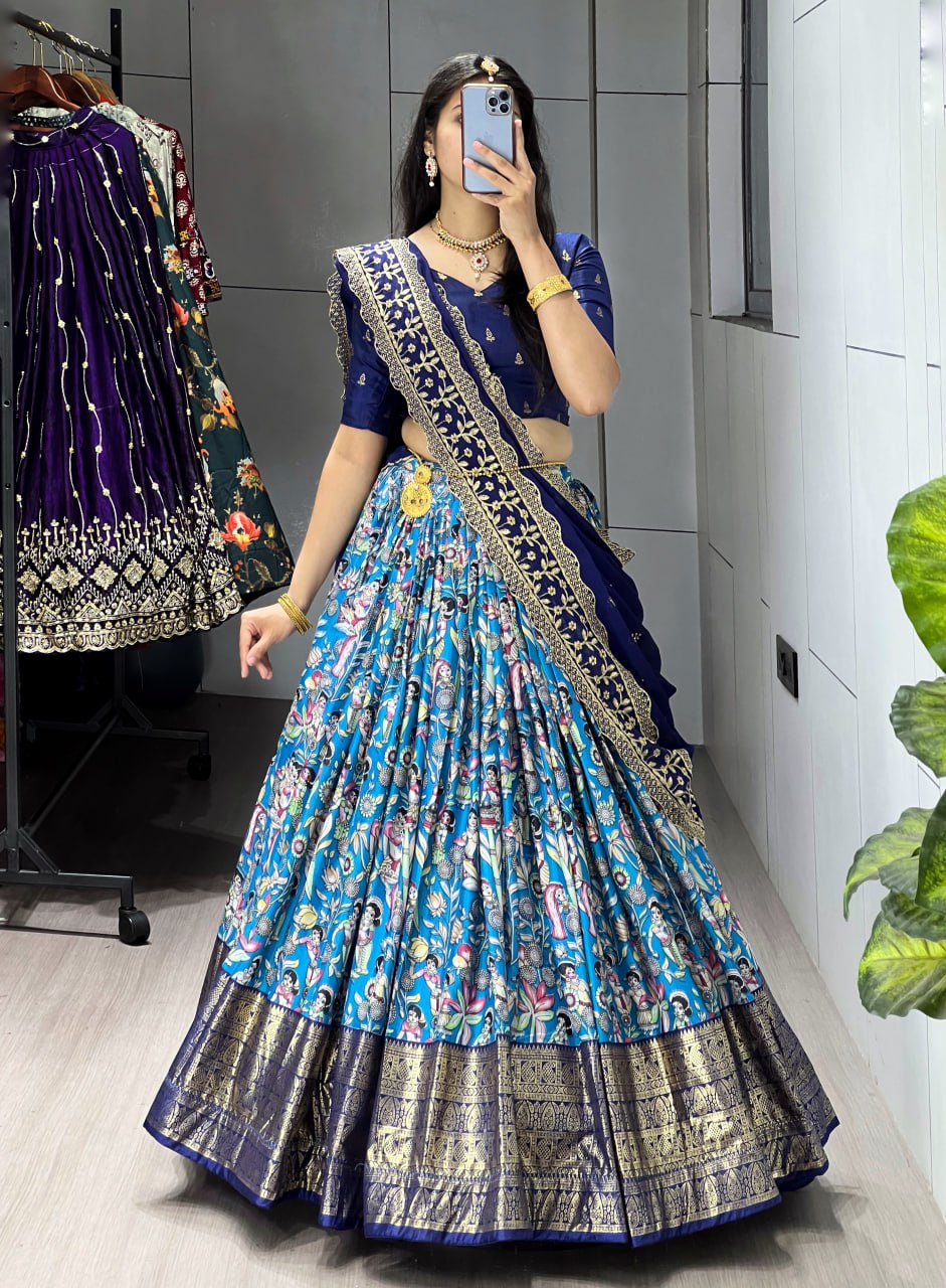 Blue Color Kalamkari Soft Dola Silk Half Saree Lehenga with Embroidered Dupatta