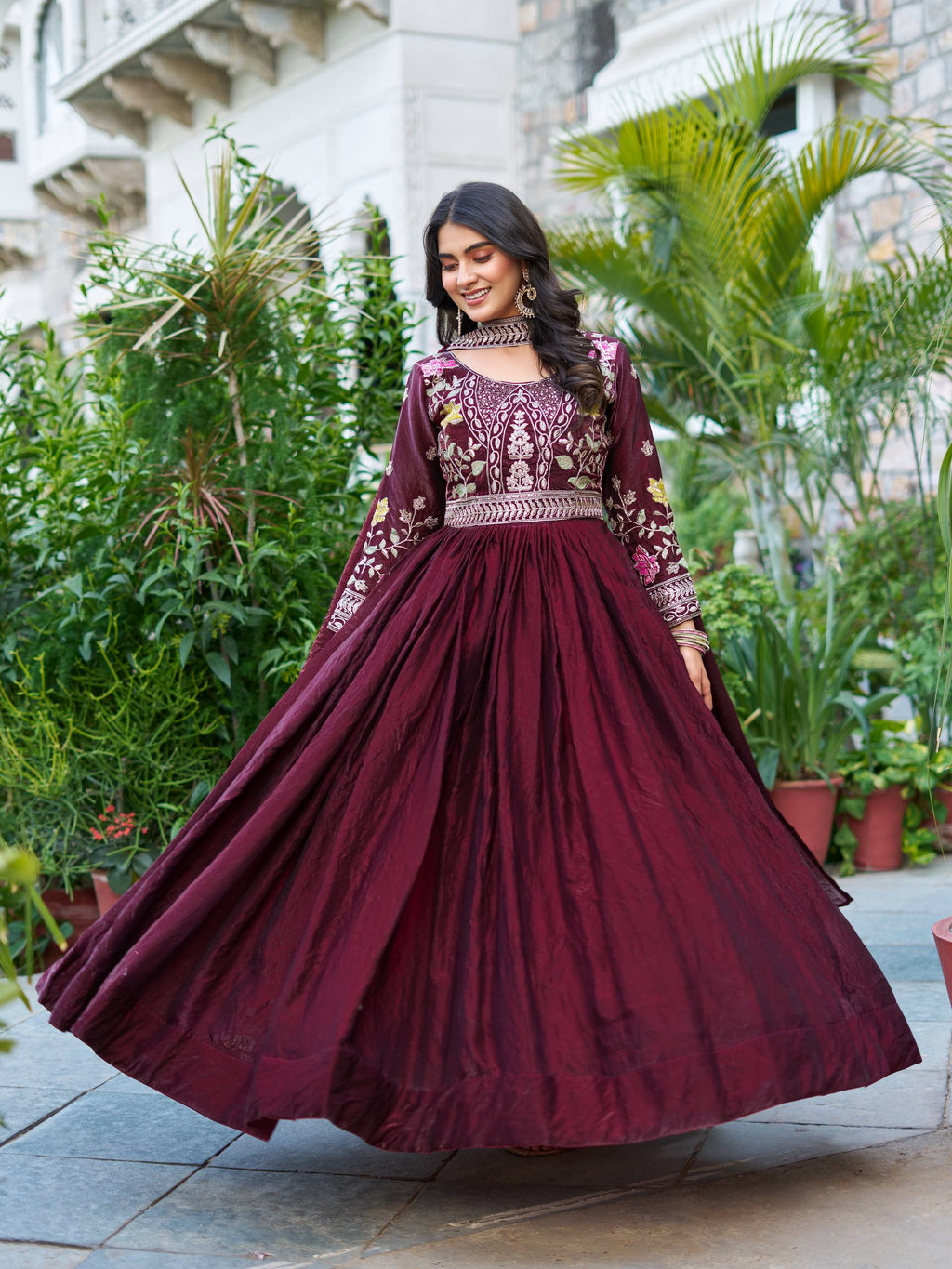 Dipa Wine Color Fendy Silk Embroidery Sequins Thread Work Gown with Dupatta