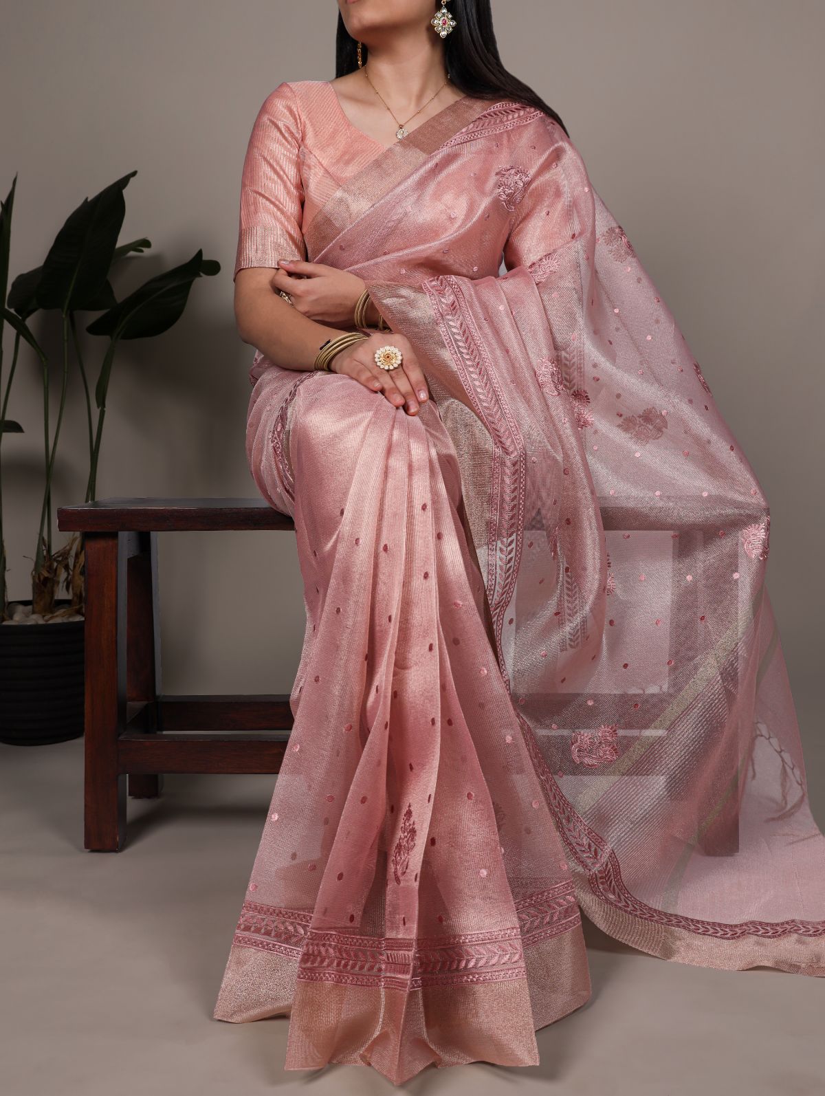 Light Pink Color Poly Shimmer Thread Embroidered Saree with Unstitched Blouse