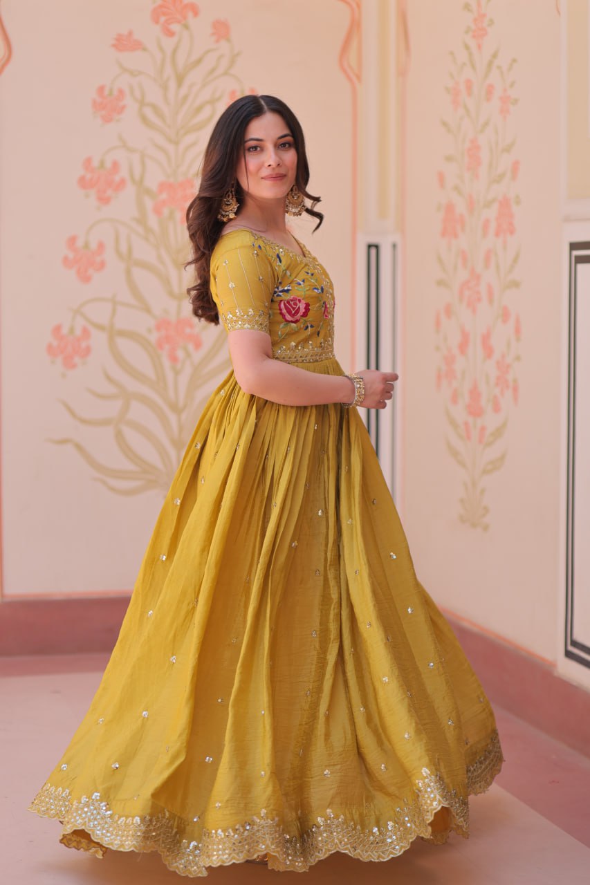 Mustard Yellow Gold Crush gown with zari, sequins, and multi-thread embroidery, featuring V-neck and short sleeves – perfect for weddings and festive occasions