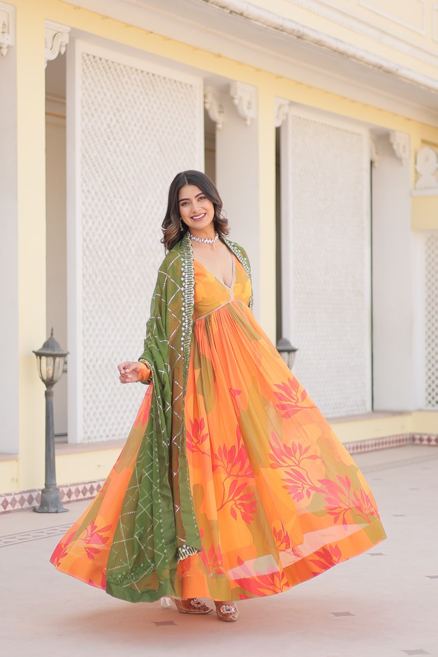 Savitri russian silk printed alia cut orange anarkali suit set